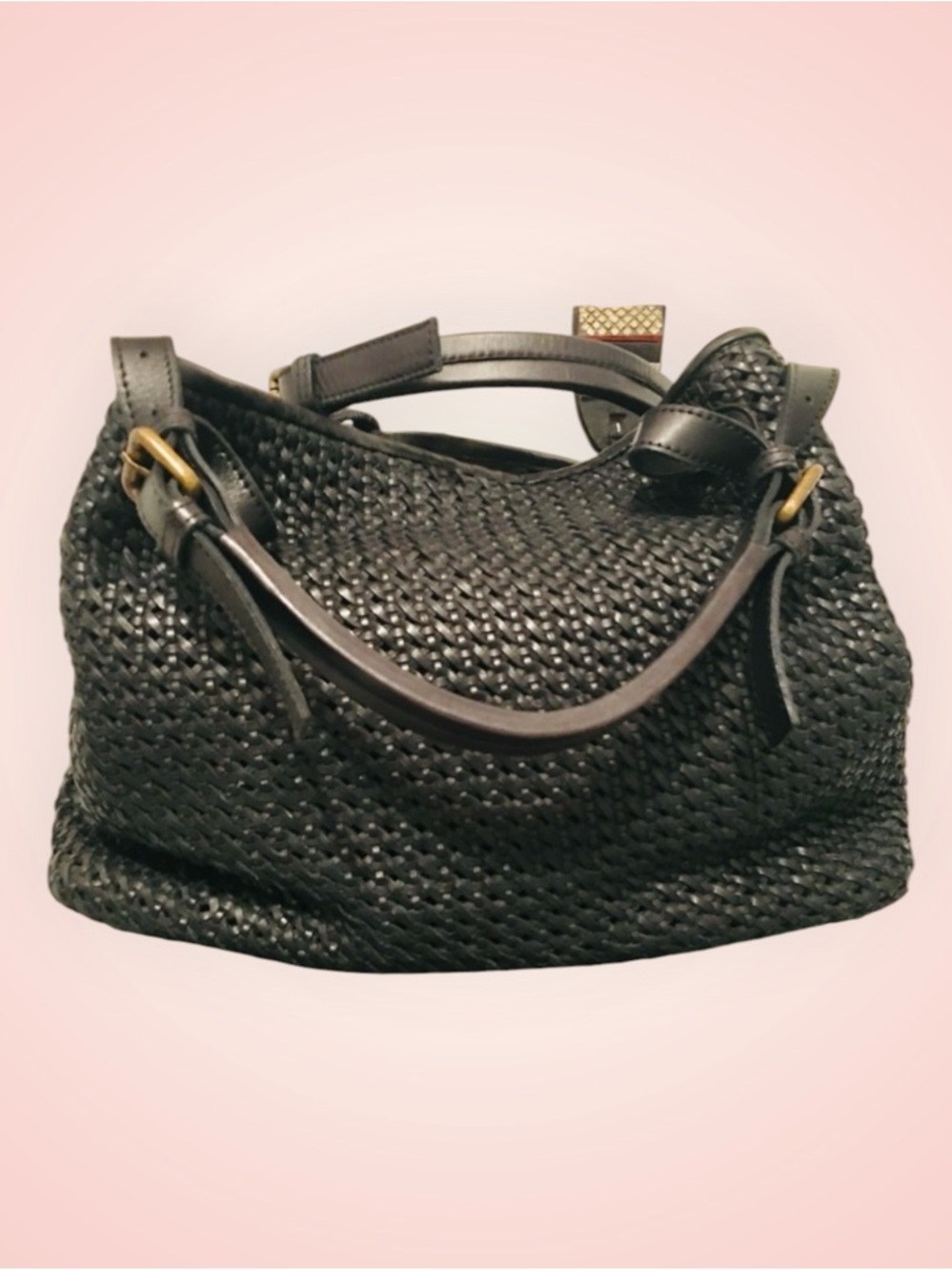 Platania Italian Leather Woven Hobo Bag in Black